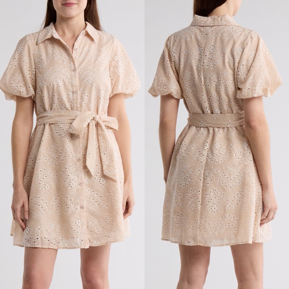 Sam Edelman Sz 10 Embroidered Eyelet Puff Sleeve Mini Dress Pockets Button Front